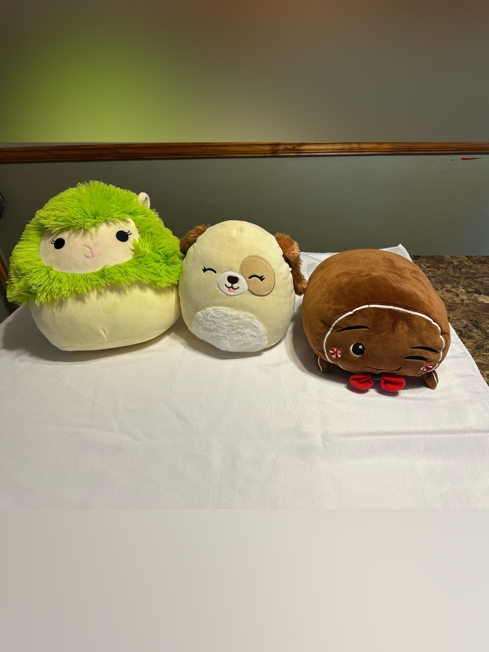 Squsihmallows Green Alpaca, Cream Puppy &  Christmas moosh moosh ginger snap
